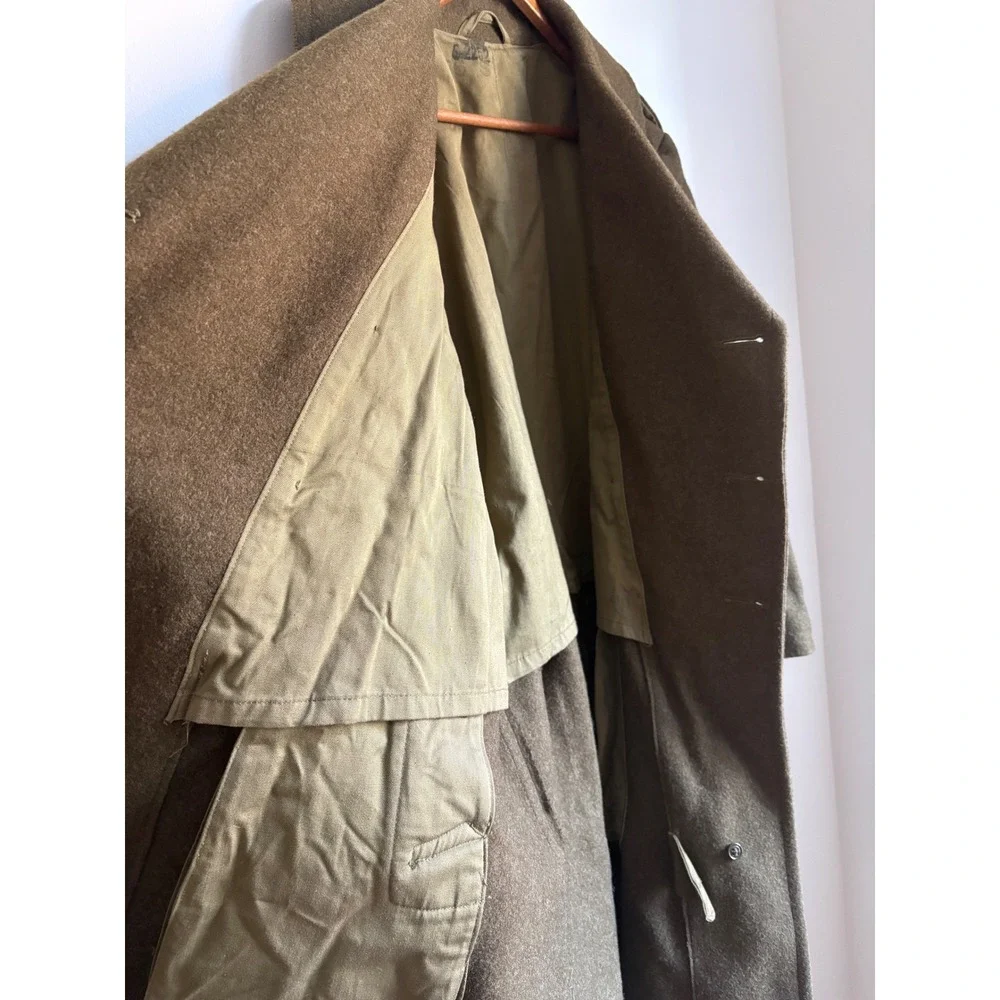 Vintage 1948 US Army Wool Overcoat Men Green Double Breasted Trench Coat 36S WW2